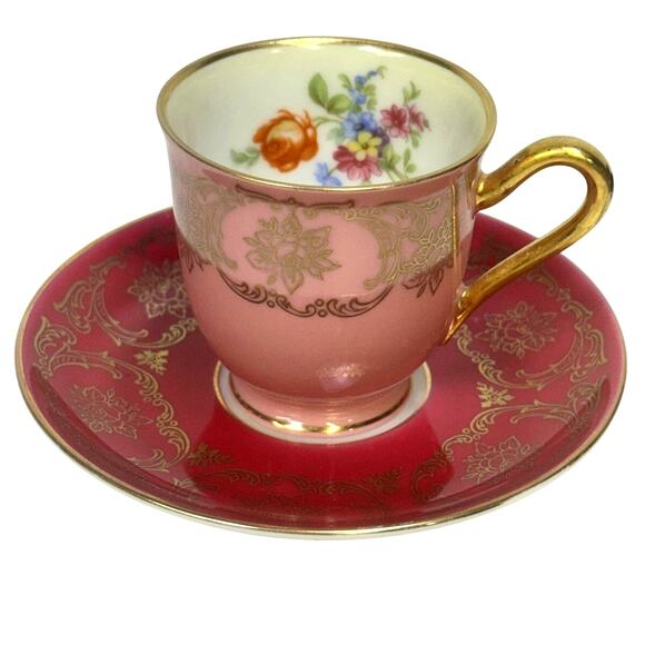 Bavaria Tirschenreuth PT Germany Demitasse Cobalt Green Rose Pink Cup Saucers 4 - Picture 2 of 15